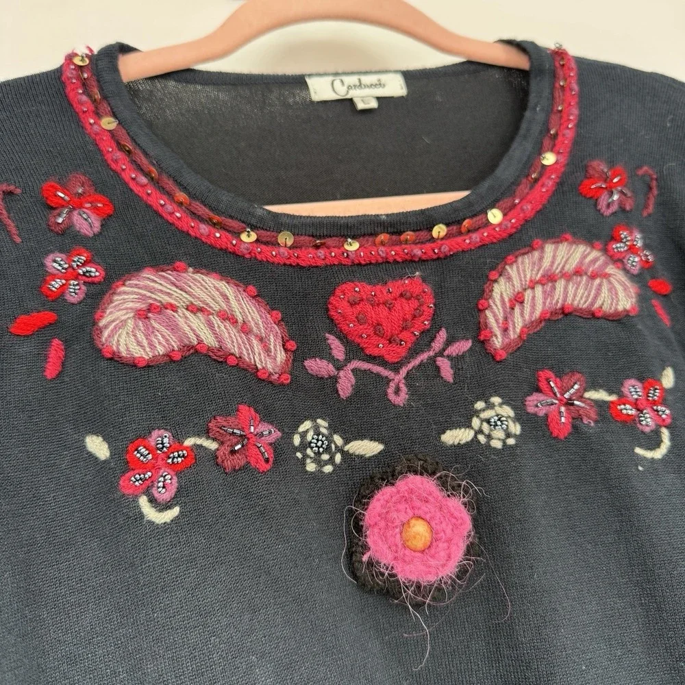 Carducci Black Knit Sweater Large Embroidered Floral Heart Coquette Boho Y2K